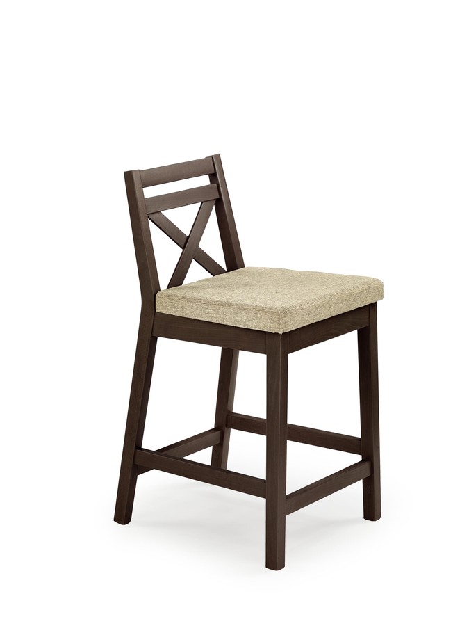 Barová židle BORYS LOW – masiv, látka, tmavý ořech / béžová