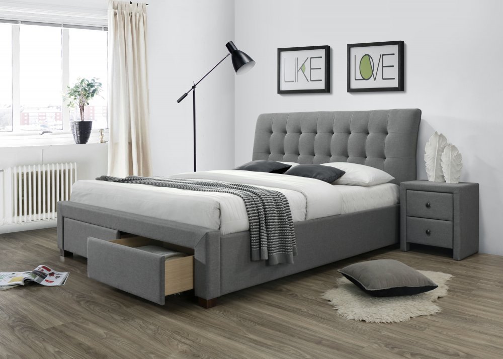 Dvoulůžková postel PERCY –⁠ 160x200, látka, šedá