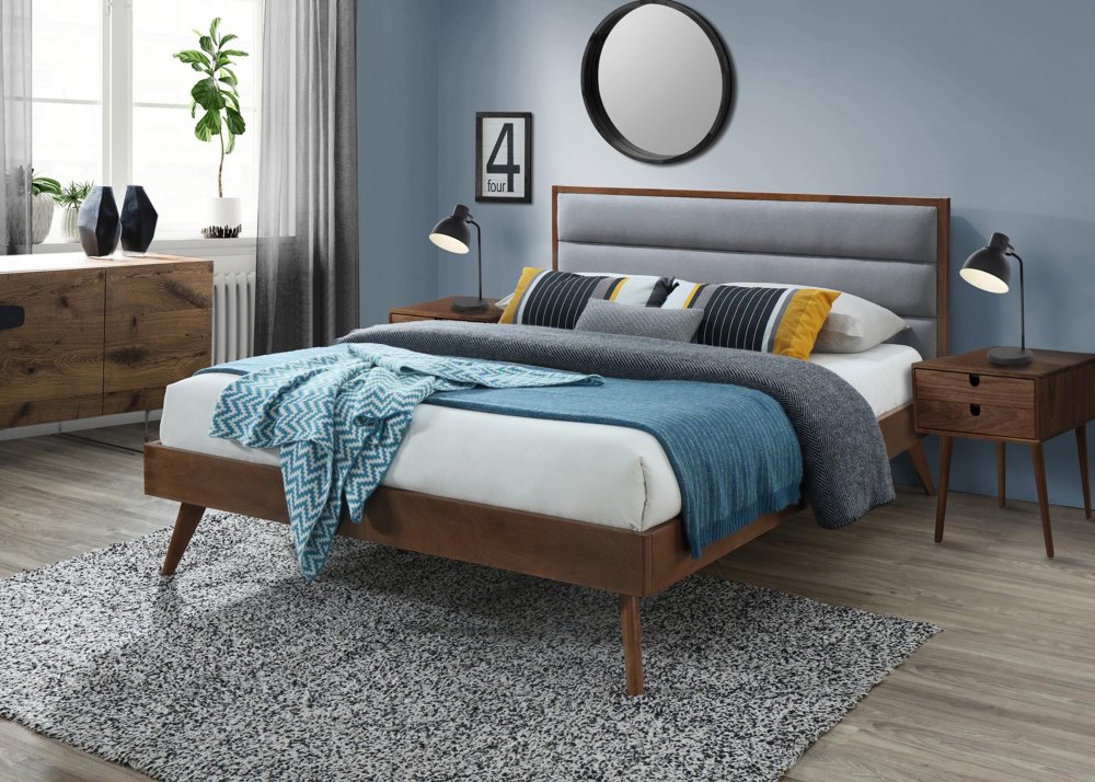 Dvoulůžková postel ORLANDO –⁠ 160x200, látka/dřevo, šedá/ořech
