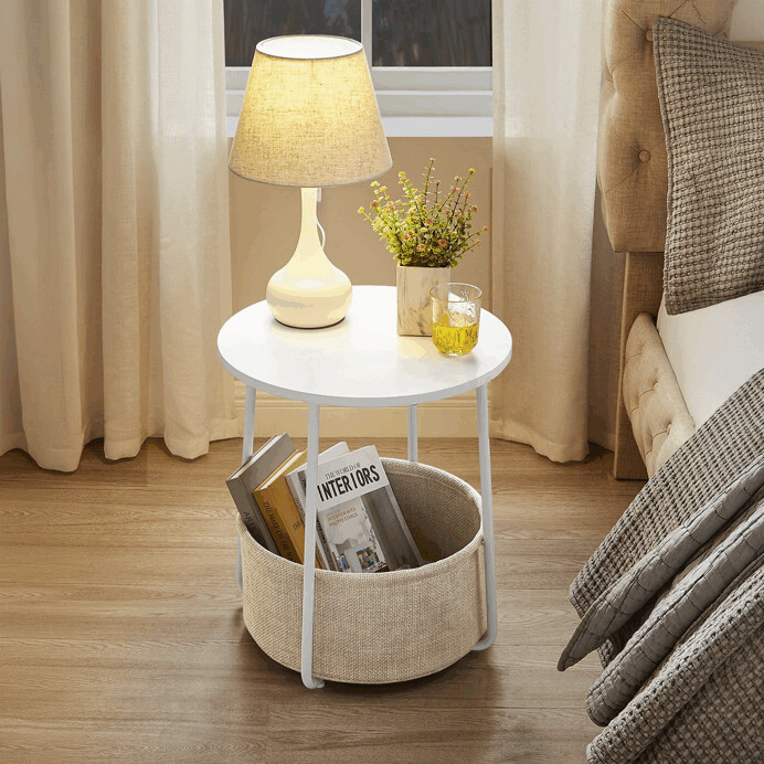 Štýlový odkladací stolík ELIO – 45 × 45 × 50 cm s textilným košom v bielej farbe Autronic