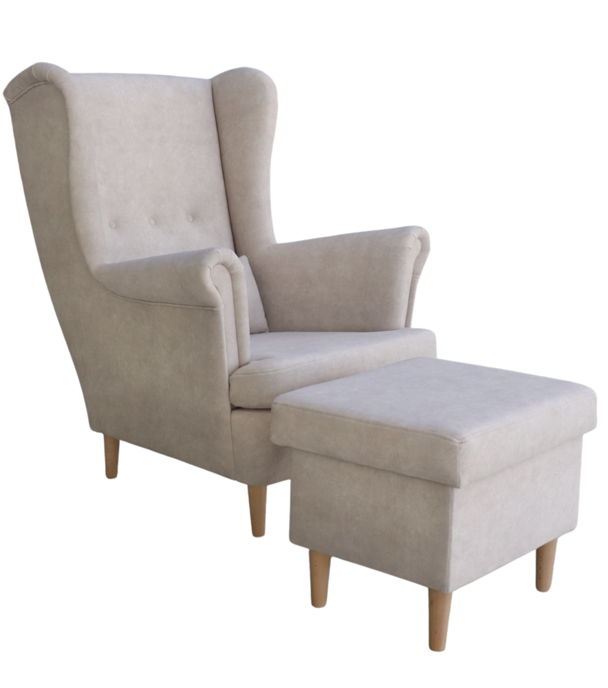 Kreslo VISBY s podnožkou a úložným priestorom – masívne drevo, látka, vhodné pre domácich miláčikov, krémová farba Kupkresla