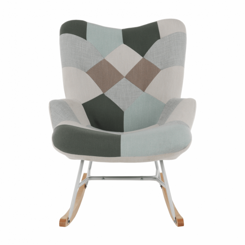 Houpací křeslo GERON — dřevo, kov, látka patchwork Kondela