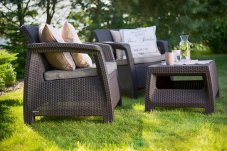 Zahradní set 2 + 1 – umělý ratan, hnědá+šedohnědé podušky