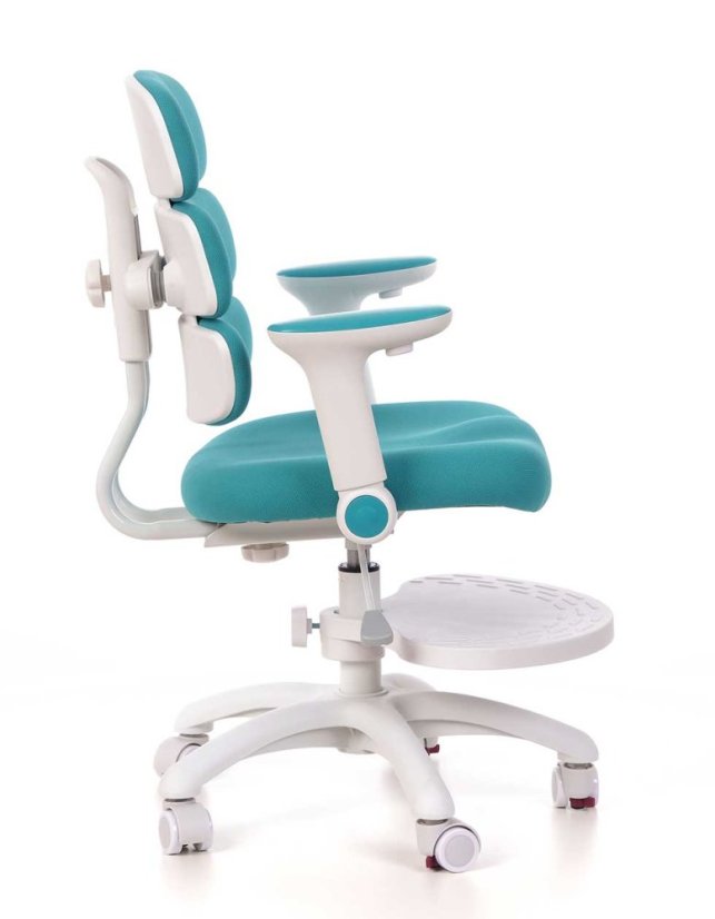 Detská rastúca stolička GRIDDY — látka, biela / tyrkysová