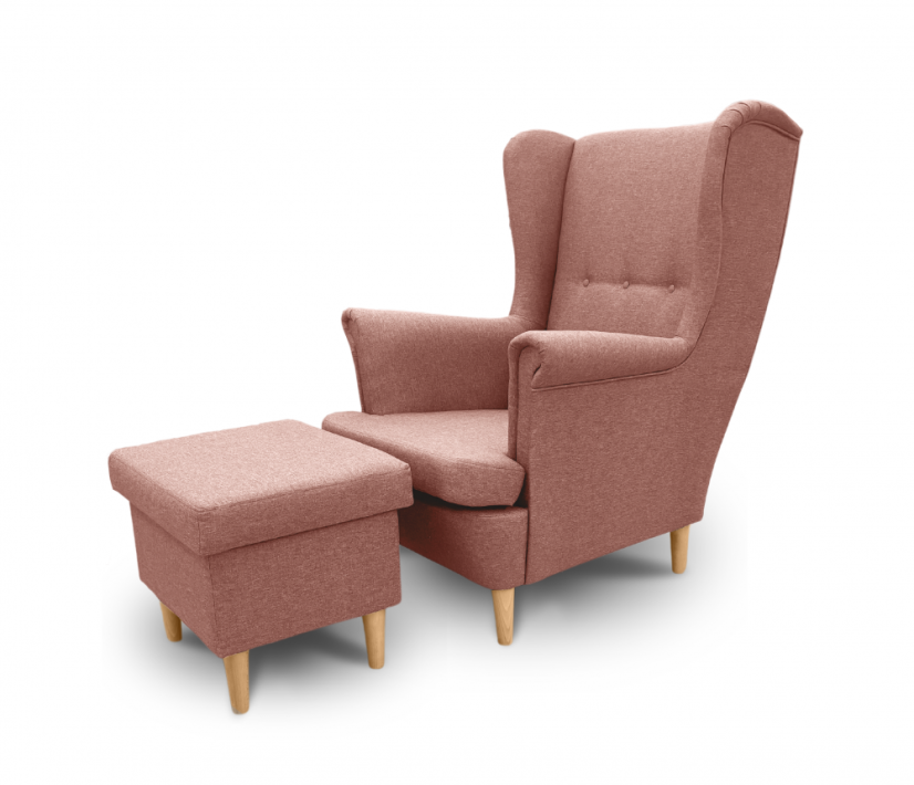 Kreslo ušiak VISBY + taburet s úložným priestorom - masív, látka, ružová