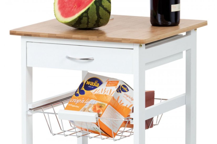 Servírovací stolek / regál, deska masiv bambus, MDF, bílý matný lak, pojezd Autronic