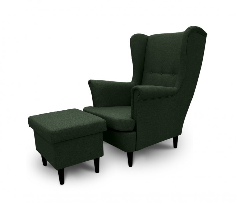 Kreslo ušiak VISBY + taburet s úložným priestorom - masív, látka, zelená