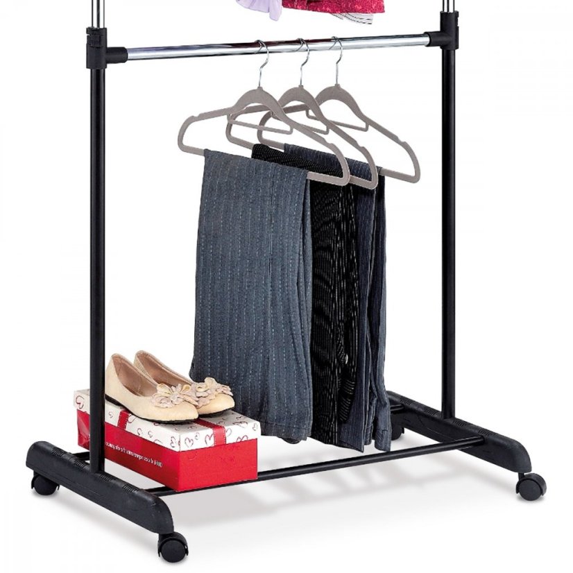 Stojan na šaty dvojramenný s odkladačom, čierna farba, kov/plast, chróm