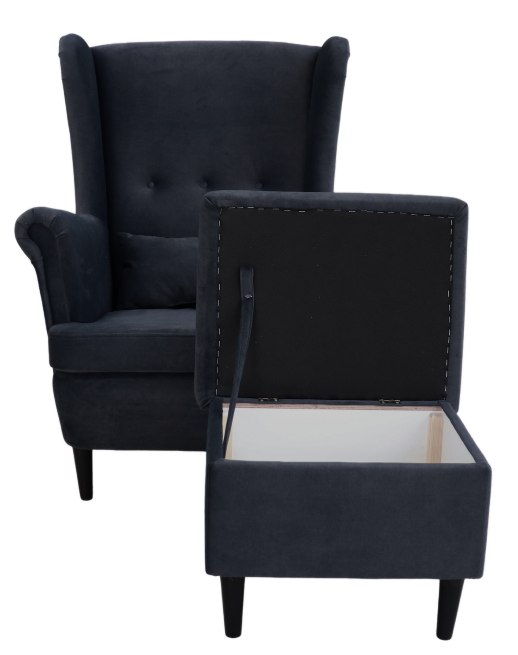 Kreslo VISBY s podnožkou a úložným priestorom – masívne drevo, pet friendly, látka, antracit