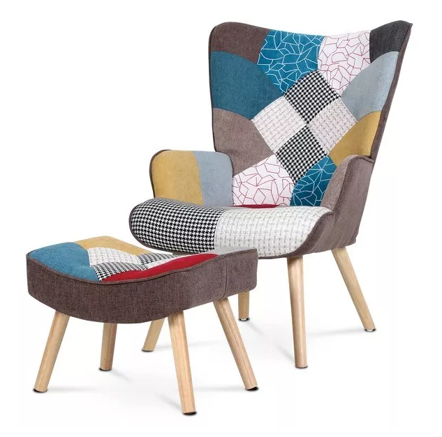 Relaxační křeslo ušák s podnožkou ALFIE – masiv, látka, patchwork Autronic