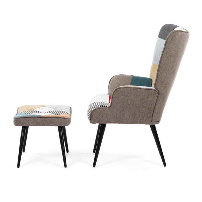 Luxusné relaxačné kreslo NUVOLA s taburetom – vodoodpudivá, zamatová, patchwork látka Autronic
