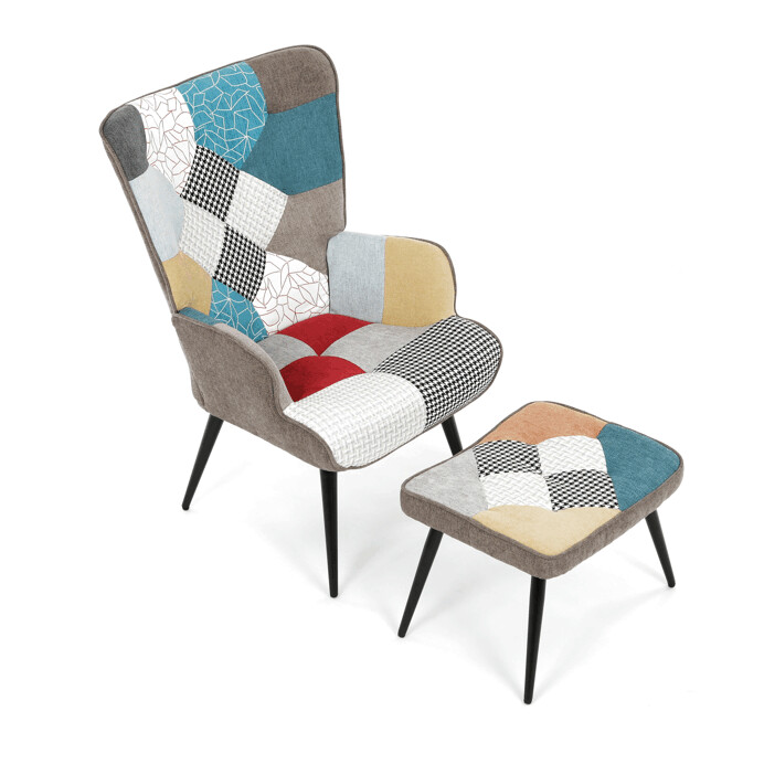 Luxusné relaxačné kreslo NUVOLA s taburetom – vodoodpudivá, zamatová, patchwork látka Autronic