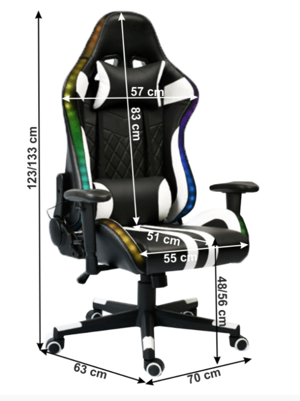 Herná stolička ZOPA — ekokoža, čierna/biela/farebný vzor, s RGB podsvietením, nosnosť 150 kg