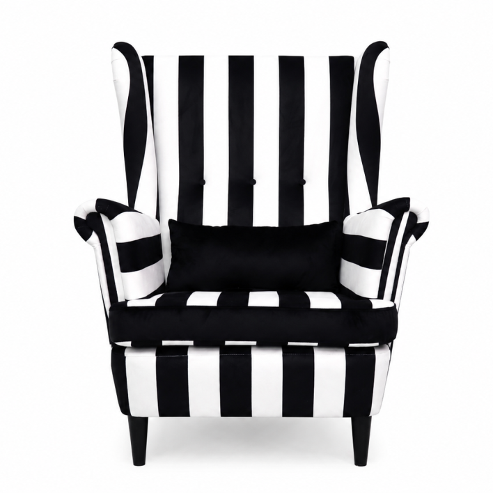 Křeslo ušák VISBY – masiv, látka, pet friendly, zebra