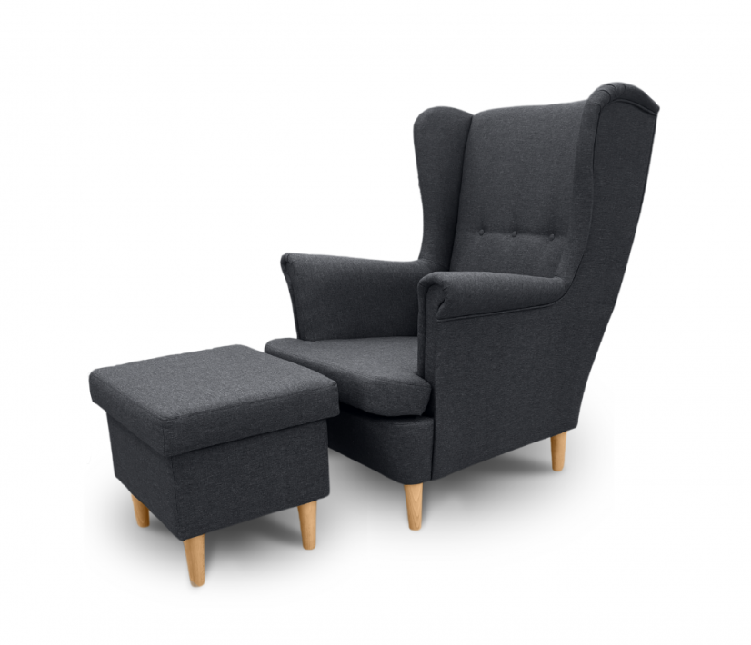Křeslo ušák VISBY + taburet s úložným prostorem – masiv, látka, šedá Kupžidle