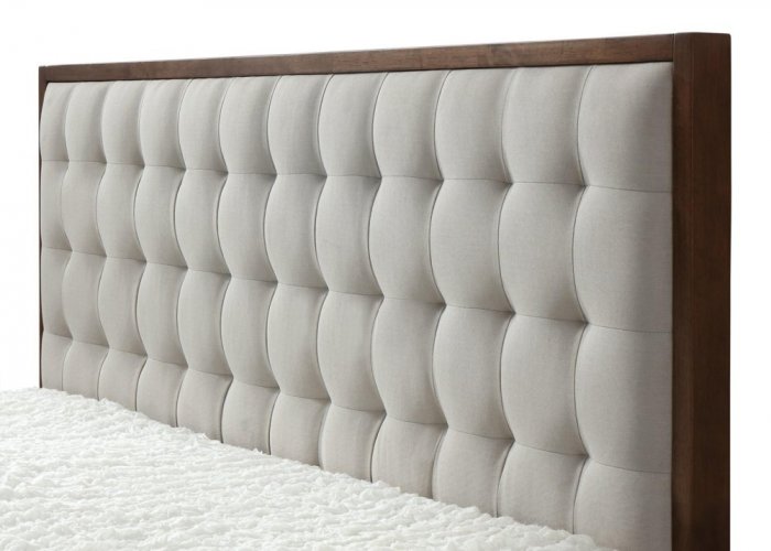 Dvoulůžková postel SOLOMO –⁠ 160x200, dřevo/ látka, ořech/béžová
