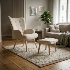Relaxační křeslo ušák PARIS II + taburet – masiv, látka, krémové/ béžové Autronic