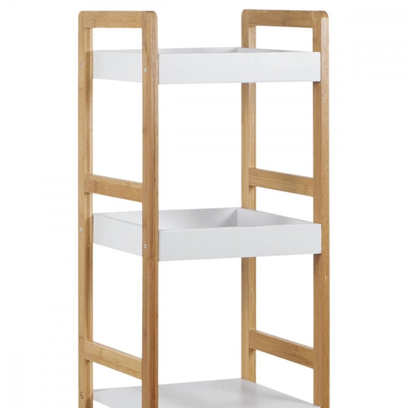 Regál, 4 police, masív bambus, prírodný odtieň, MDF, biely matný lak, nosn. 12 kg
