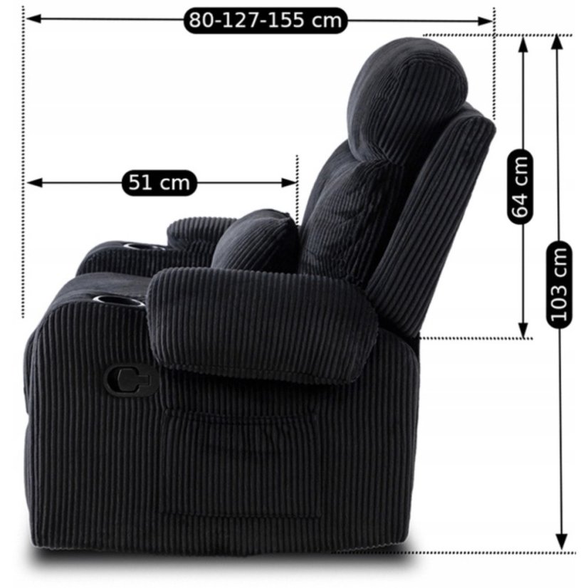 Štýlové kreslo TORRES z čierneho manšestru s držiakom na poháre