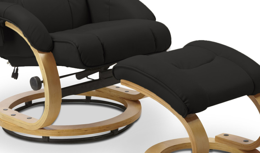Masážne polohovacie kreslo s vyhrievaním MATADOR — ohýbané drevo/ekokoža, čierna