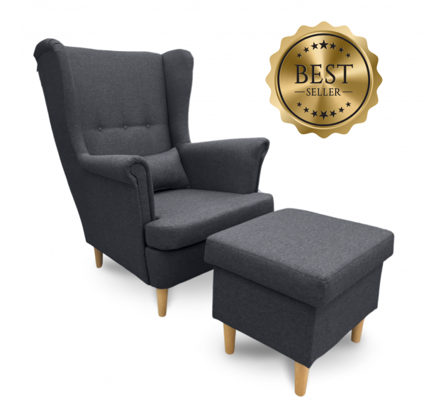 Křeslo ušák VISBY + taburet s úložným prostorem – masiv, látka, šedá Kupžidle