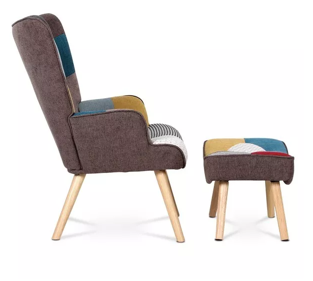 Relaxační křeslo ušák s podnožkou ALFIE – masiv, látka, patchwork Autronic