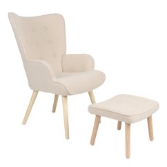 Relaxačné kreslo ušiak PARIS II + taburet - masív, látka, krémové / béžové