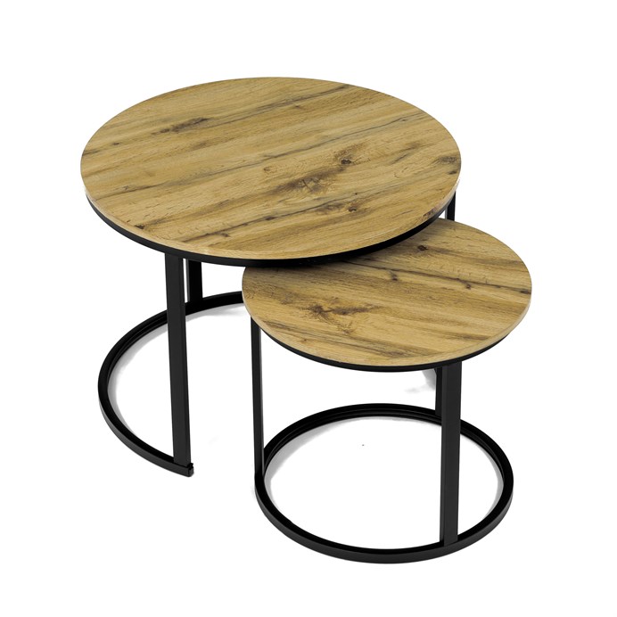 Sada 2 konferenčných stolíkov OREO 3 – MDF z divokého dubu, čierna kovová podstava Autronic