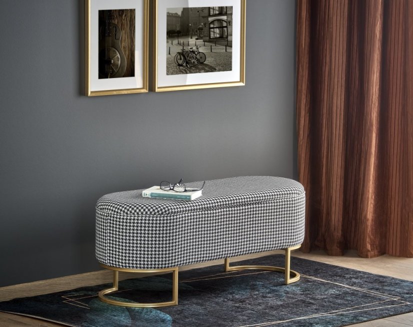 Taburet HARMONY s úložným priestorom - oceľ, látka, zlatá / čierno-biela