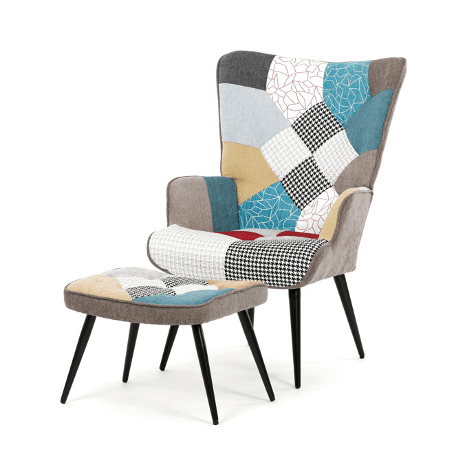 Luxusní relaxační křeslo NUVOLA s taburetem –  vodoodpudivá, sametová, patchwork látka Autronic