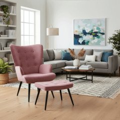Luxusné relaxačné kreslo NUVOLA s taburetom – vodoodpudivá, zamatová, ružová látka Autronic