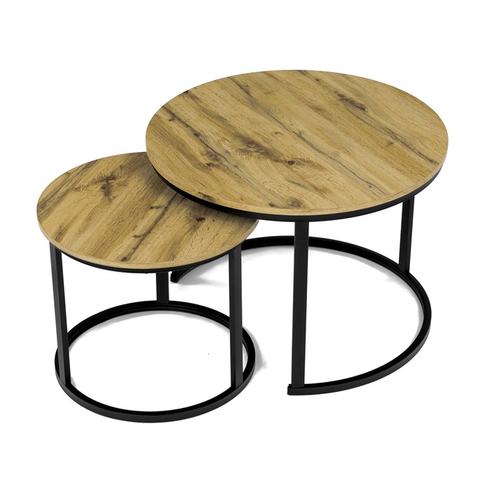 Sada 2 konferenčných stolíkov OREO 3 – MDF z divokého dubu, čierna kovová podstava Autronic
