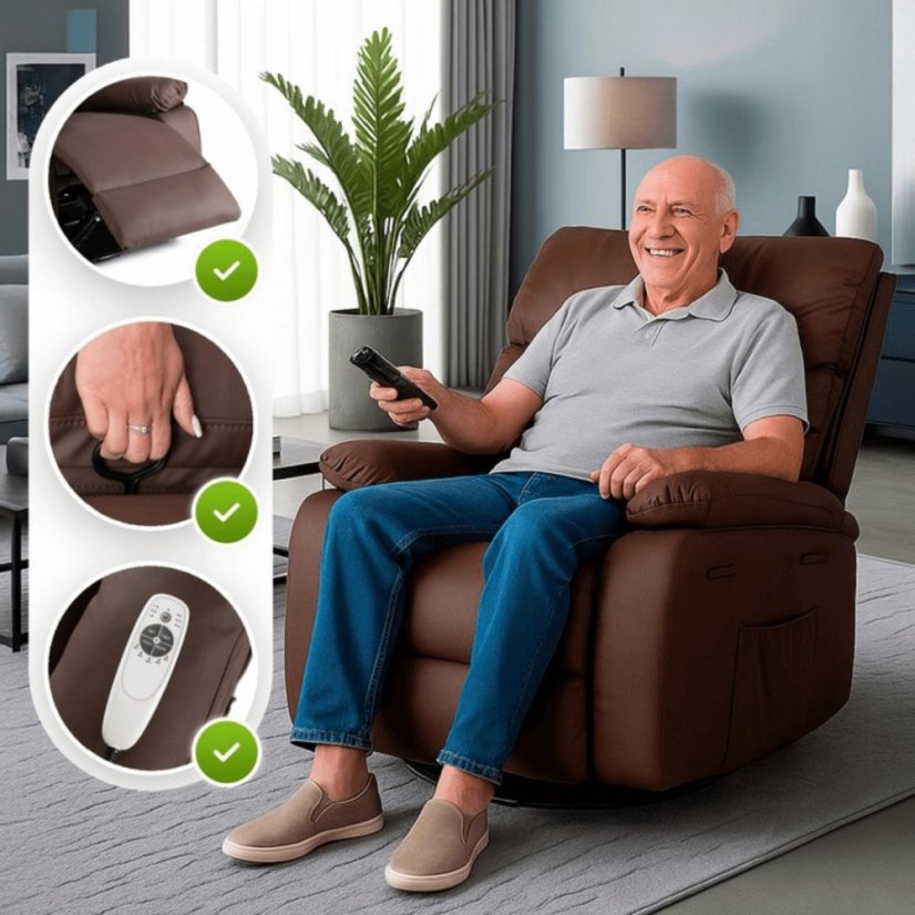 Masážne kreslo BRUCE – Polohovateľné, komfortné, hnedá ekokoža