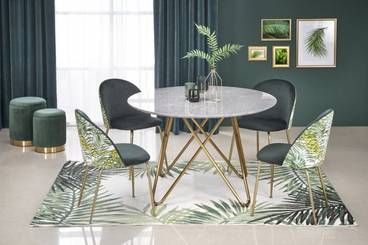 Jídelní kulatý stůl BONELLO — průměr 120 cm, dekor šedý mramor / zlatá