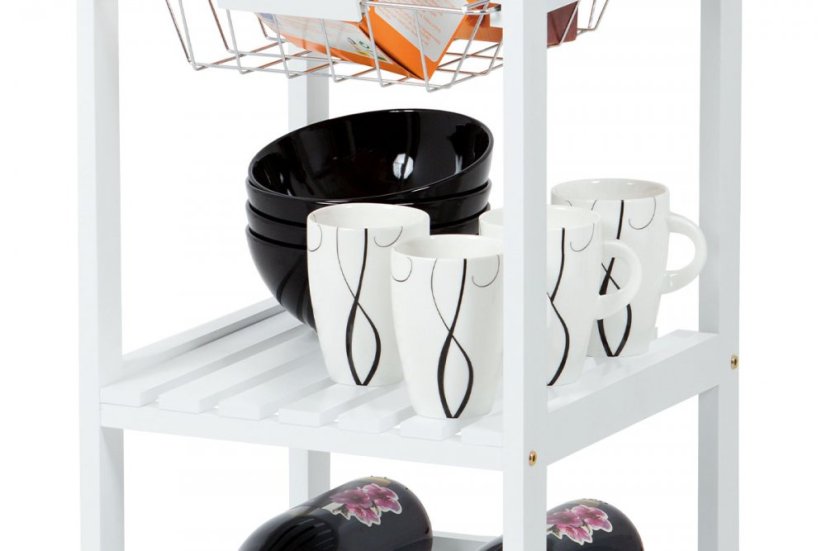 Servírovací stolek / regál, deska masiv bambus, MDF, bílý matný lak, pojezd Autronic