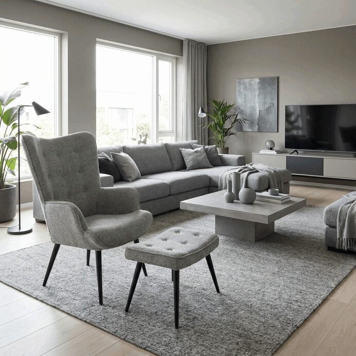 Luxusní relaxační křeslo NUVOLA s taburetem –  vodoodpudivá, sametová, šedá látka