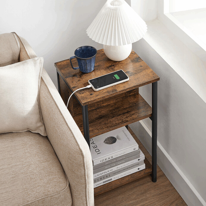 Industriální odkládací stolek FORGE s USB a zásuvkou – MDF, 30x34x58cm Autronic