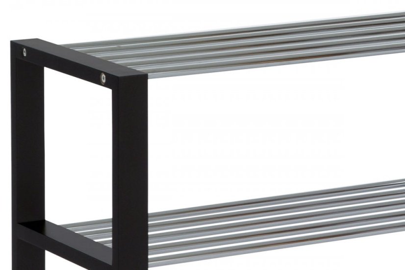 Botník, 3 kovové chromované police, masiv kaučukovník, černý matný lak