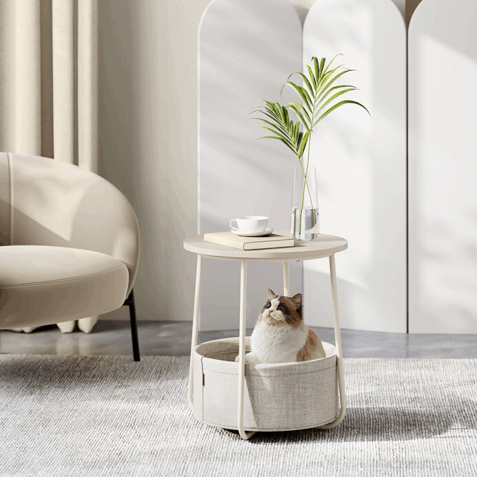 Štýlový odkladací stolík ELIO – 45 × 45 × 50 cm s textilným košom v kašmírovej béžovej