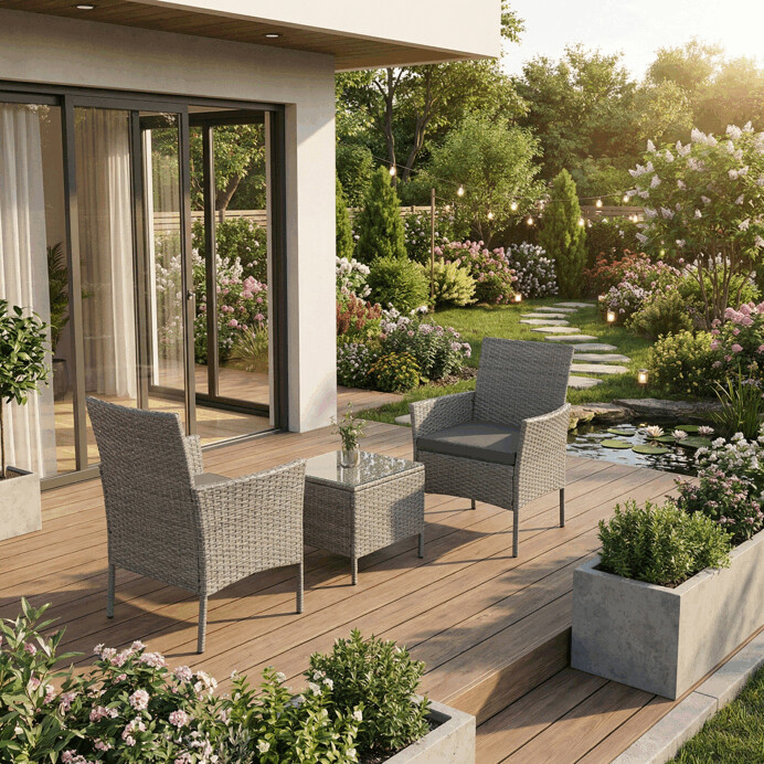 Záhradný set CAFEA 1+2 – sivý polyratan, tvrdené sklo