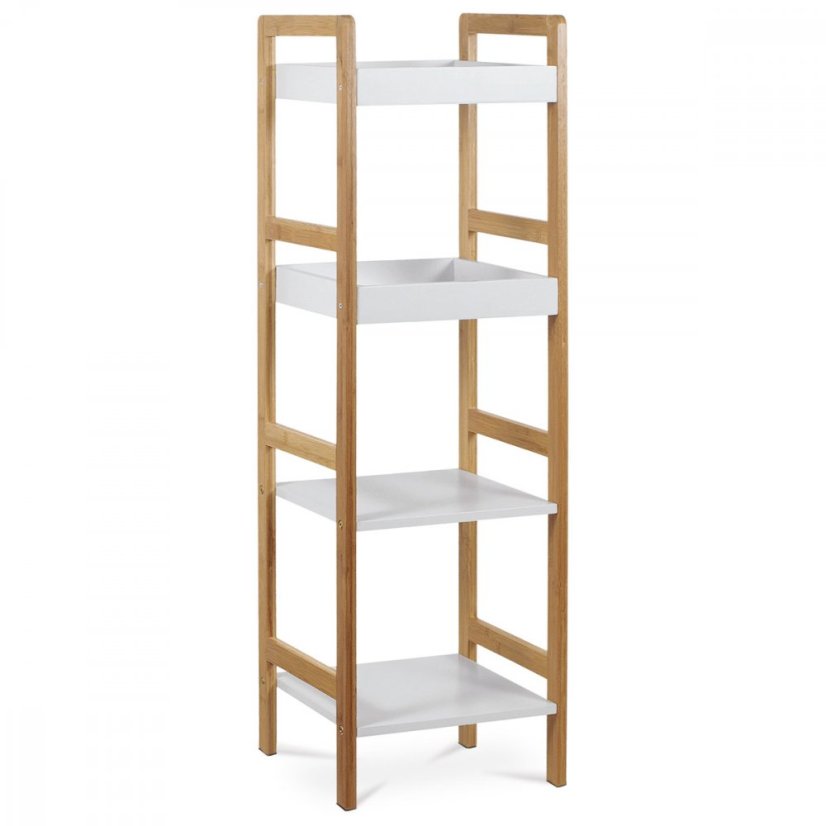 Regál, 4 police, masív bambus, prírodný odtieň, MDF, biely matný lak, nosn. 12 kg