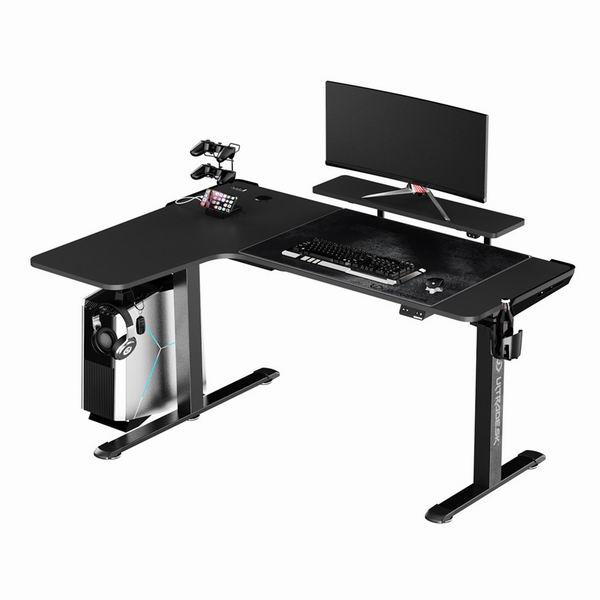 Herní stůl ULTRADESK WINGER – 111x155x60 cm, elektricky nastavitelná výška, RGB podsvícení, černá