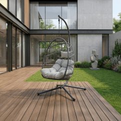 Závěsné křeslo OVAL – umělý ratan, šedý potah, Autronic