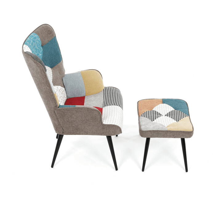 Luxusné relaxačné kreslo NUVOLA s taburetom – vodoodpudivá, zamatová, patchwork látka Autronic