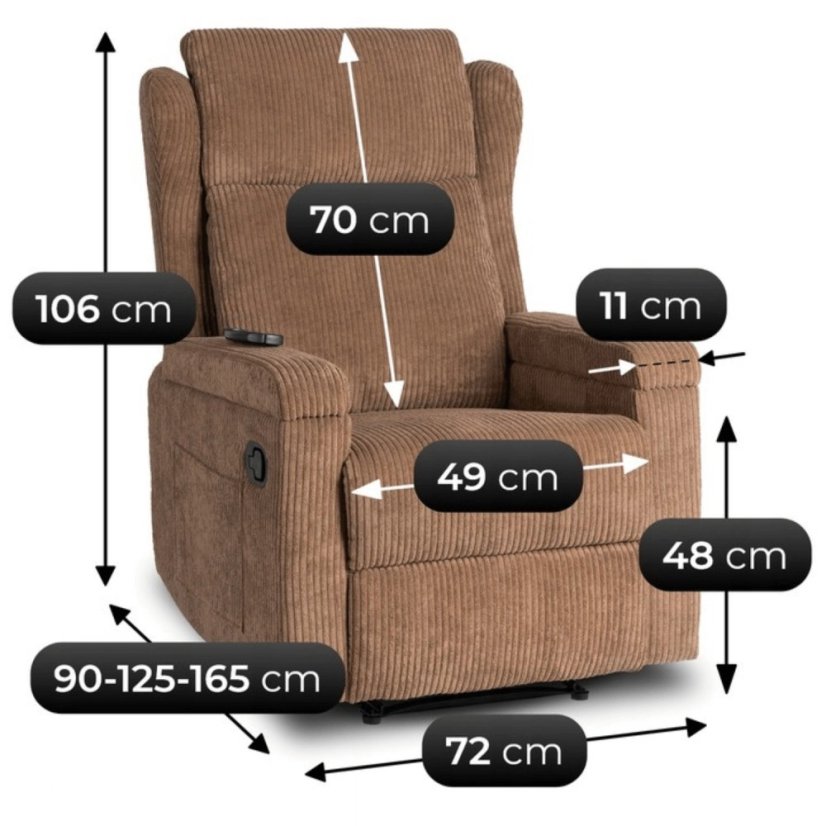 Luxusné masážne kreslo SEBASTIAN v hnedom manšestri