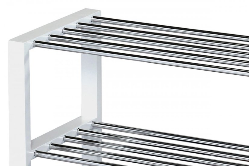 Botník, 4 kovové chrómované police, masív kaučukovník, biely matný lak