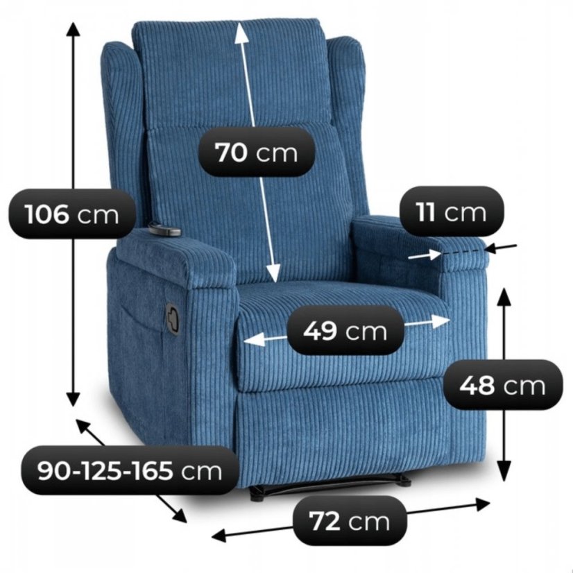 Luxusné masážne kreslo SEBASTIAN z modrého manšestru