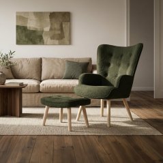 Relaxačné kreslo ušiak PARIS II + taburet – masív, látka, zelena