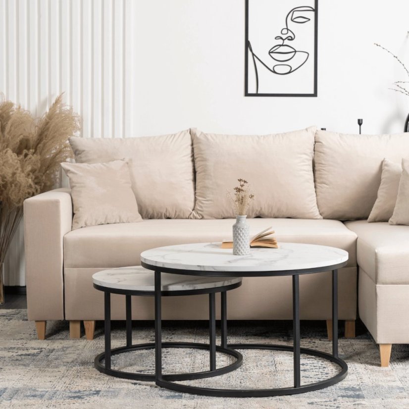 Elegantná sada stolíkov DAFNE MAX, biely mramor a čierny kov Meble Elite