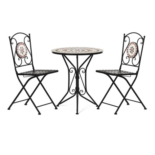 Zahradní set, stůl + 2 židle  MOSAICA –⁠⁠⁠⁠⁠⁠ keramická mozaika, černý matný lak